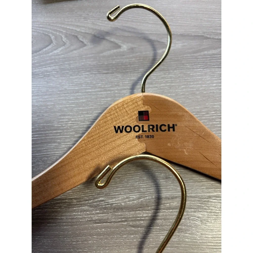Woolrich Wooden Coat Hangers Set of 2 Natural Wood Gold Hook Logo EST 1830